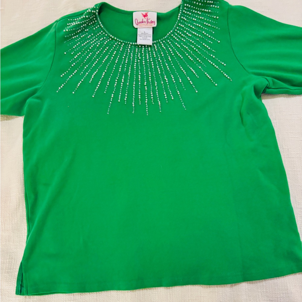 Quacker Factory Vibrant Green Long Sleeve w/ Starburst Top Women’s Large Cotton - Picture 10 of 10